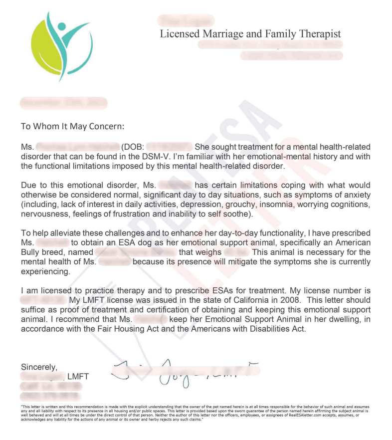 ESA letter sample